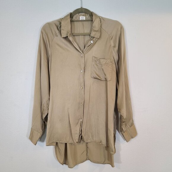 Aritzia Wilfred 100% Cupro Collared Hi Low Button Up Long Sleeve Blouse Bronze S - Picture 1 of 8